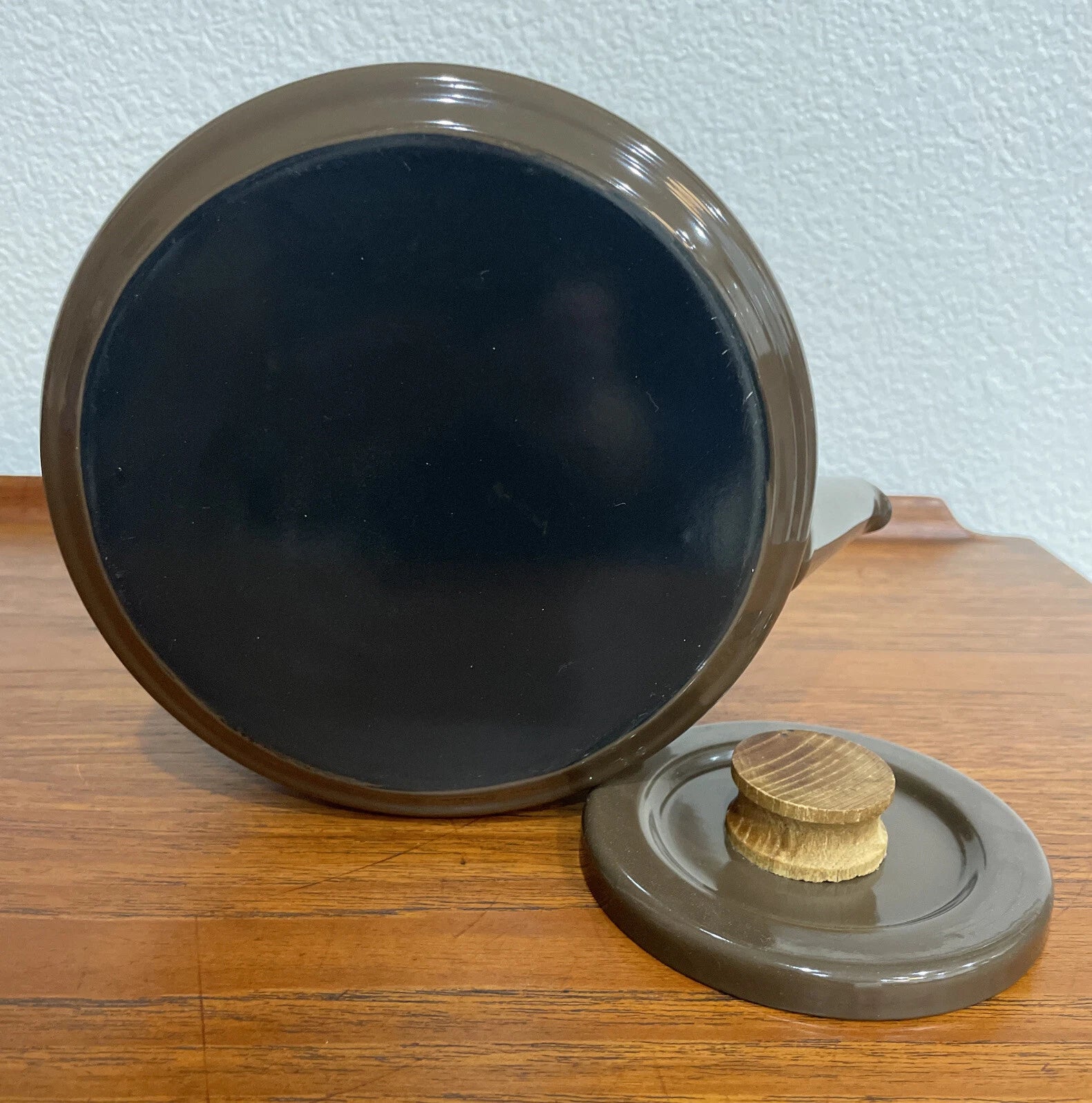 Mid Century Brown Enamel Tea Pot with Blue Enamel Interior