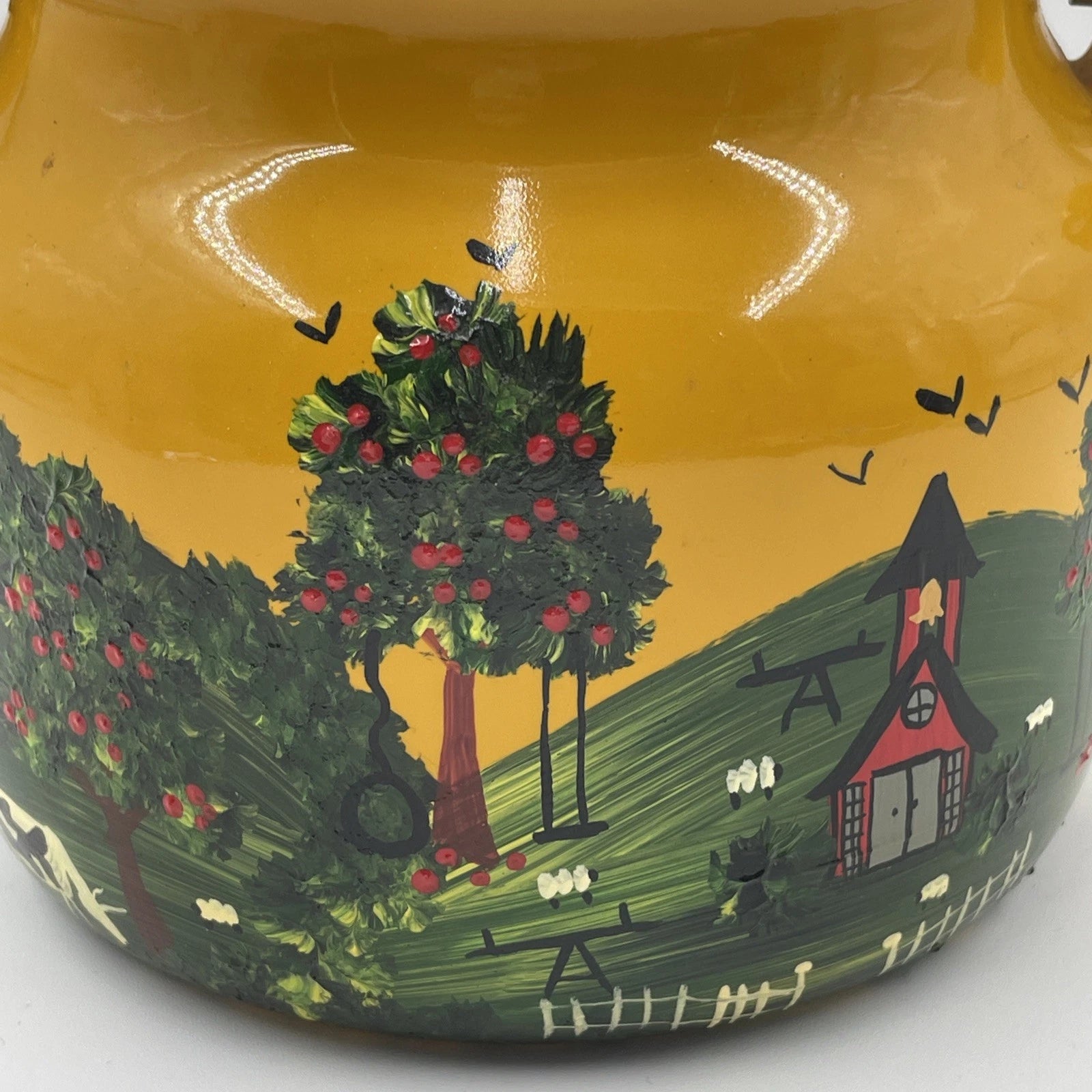 Vtg Hand Painted MCM Yellow Enamel Tea Kettle with Teak Wood Handle and Knob