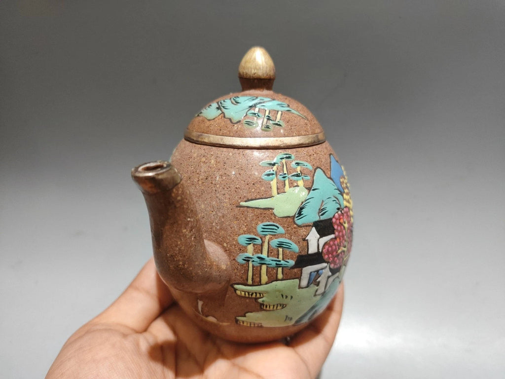 Purple Clay Tea Set Teapot Kettle Ceramic Carving Enamel Dragon Egg Landscape