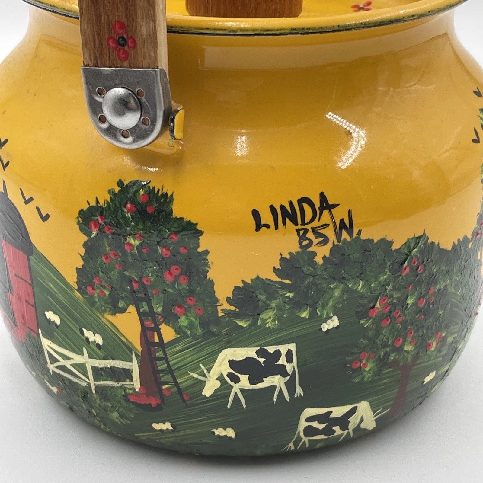 Vtg Hand Painted MCM Yellow Enamel Tea Kettle with Teak Wood Handle and Knob