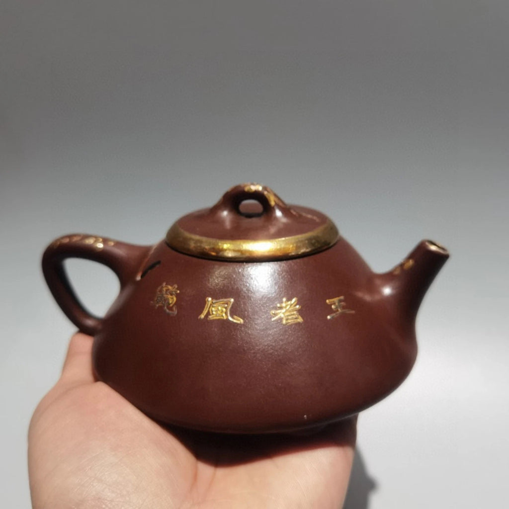 Yixing Purple Clay Teapot Hand-Coiled Ceremony Drainer Enameled Gilded Sculpted