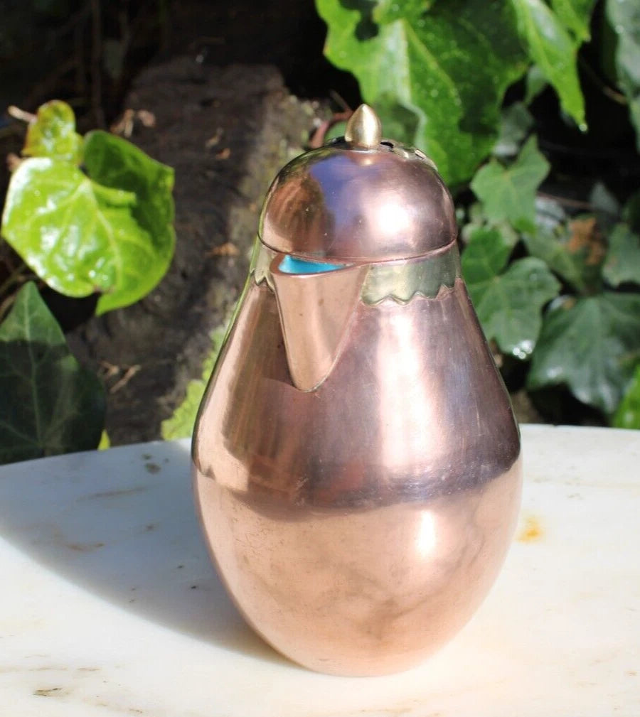 Antique Tea Pot Blue Enamel Chinese Solid Copper w/Brass Handle 6.25" Vintage