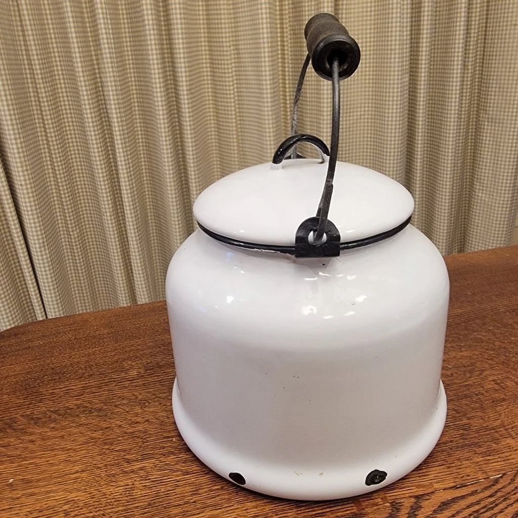 Vintage Enamelware Tea Kettle White Black