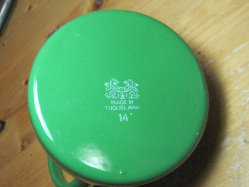 VTG GREEN ENAMEL WARE GRANITE TEAPOT METAL RUSTIC DECOR FARMHOUSE YUGOSLAVIA 14