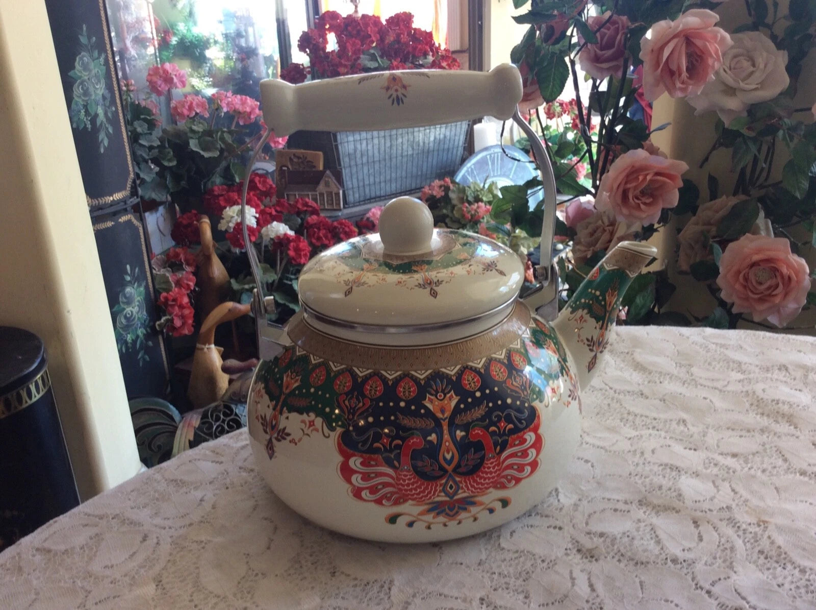 Deayou Tea Kettle Enameled Steel Floral Medium Multicolor Modern Round 2.5L