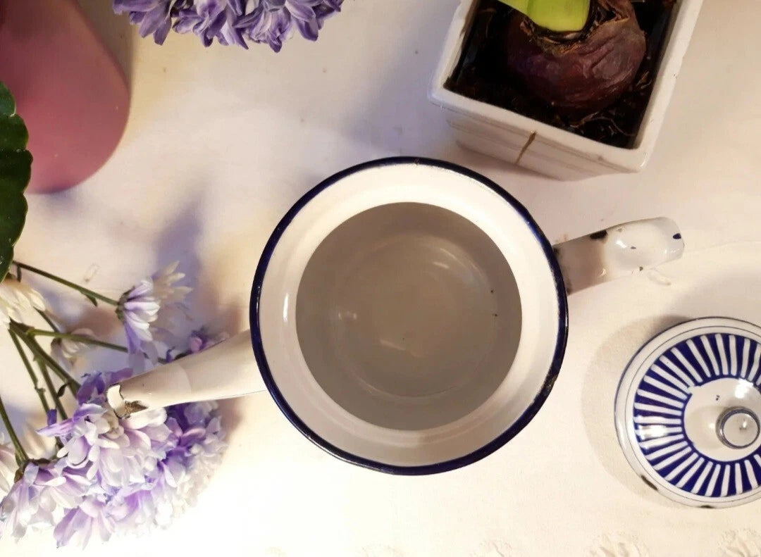 RARE antique enameled french teapot BB freres blue flowers stripes 1930 Art Deco