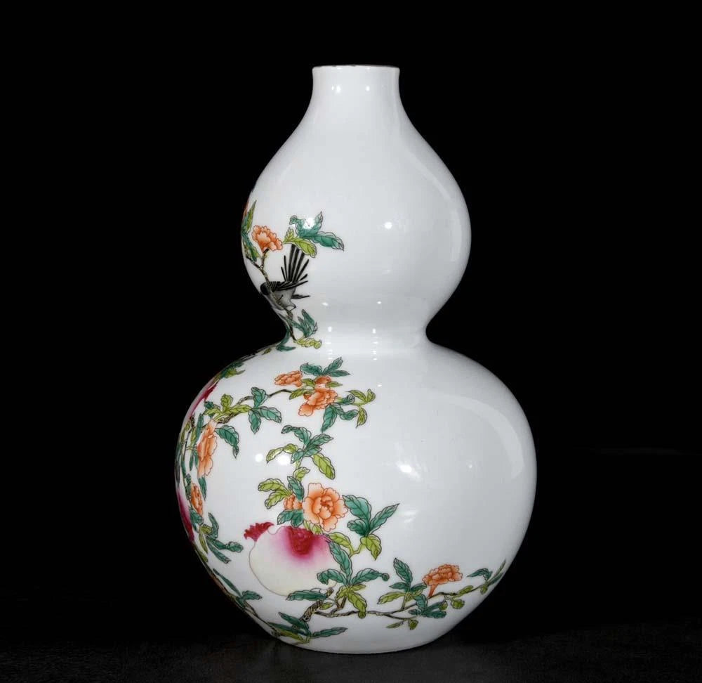 Yongzheng Signed Old Chinese Colour Enamel Gourd Vase W/flower N3292