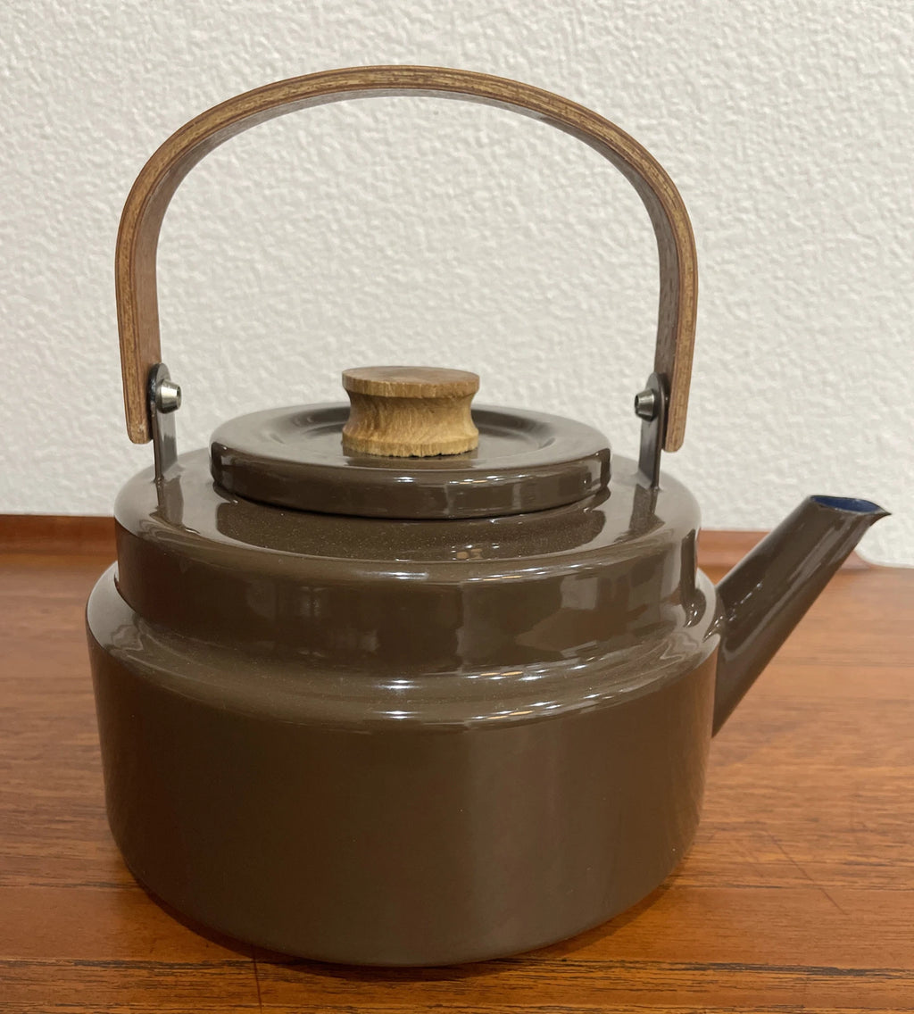 Mid Century Brown Enamel Tea Pot with Blue Enamel Interior