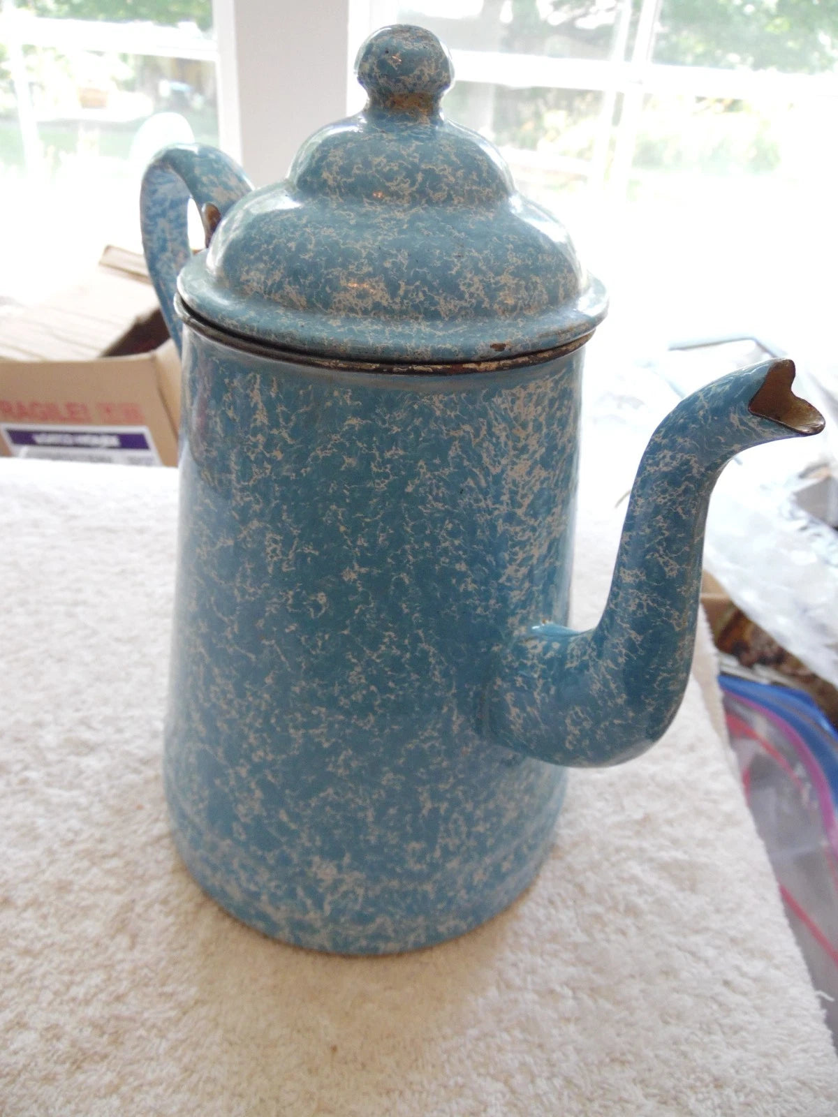 Vtg Blue & White Speckled Graniteware Enamelware 10" Tea Pot Coffee Gooseneck