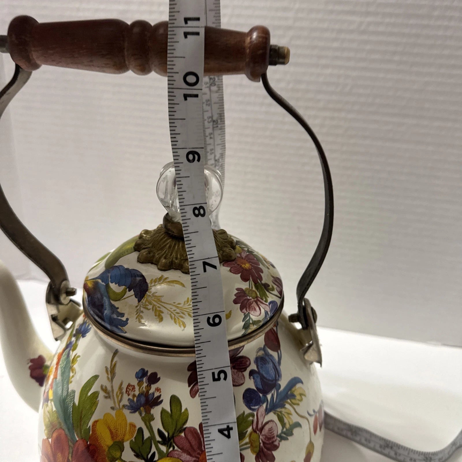 MacKenzie-Childs White Flower Market 3 Quart Qt Tea Kettle Enamel Teapot