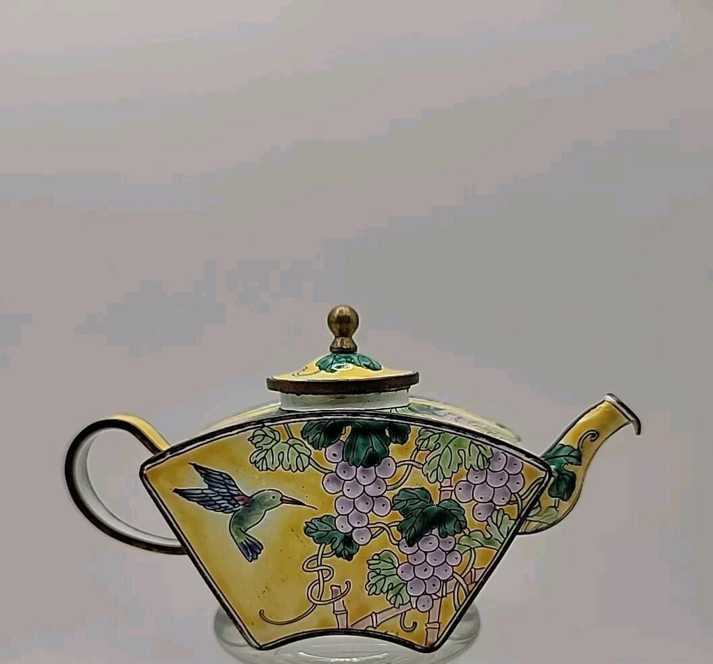 Kelvin Chen Miniature Teapot Porcelain Piece With Hummingbird and Grapes