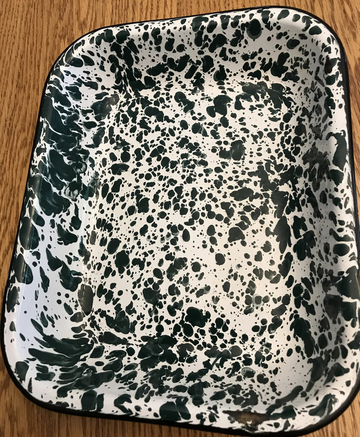 Green & White Speckled Enamel Lot Of 3 Coffee Tea Pot, Rectangle & Round Pan B38