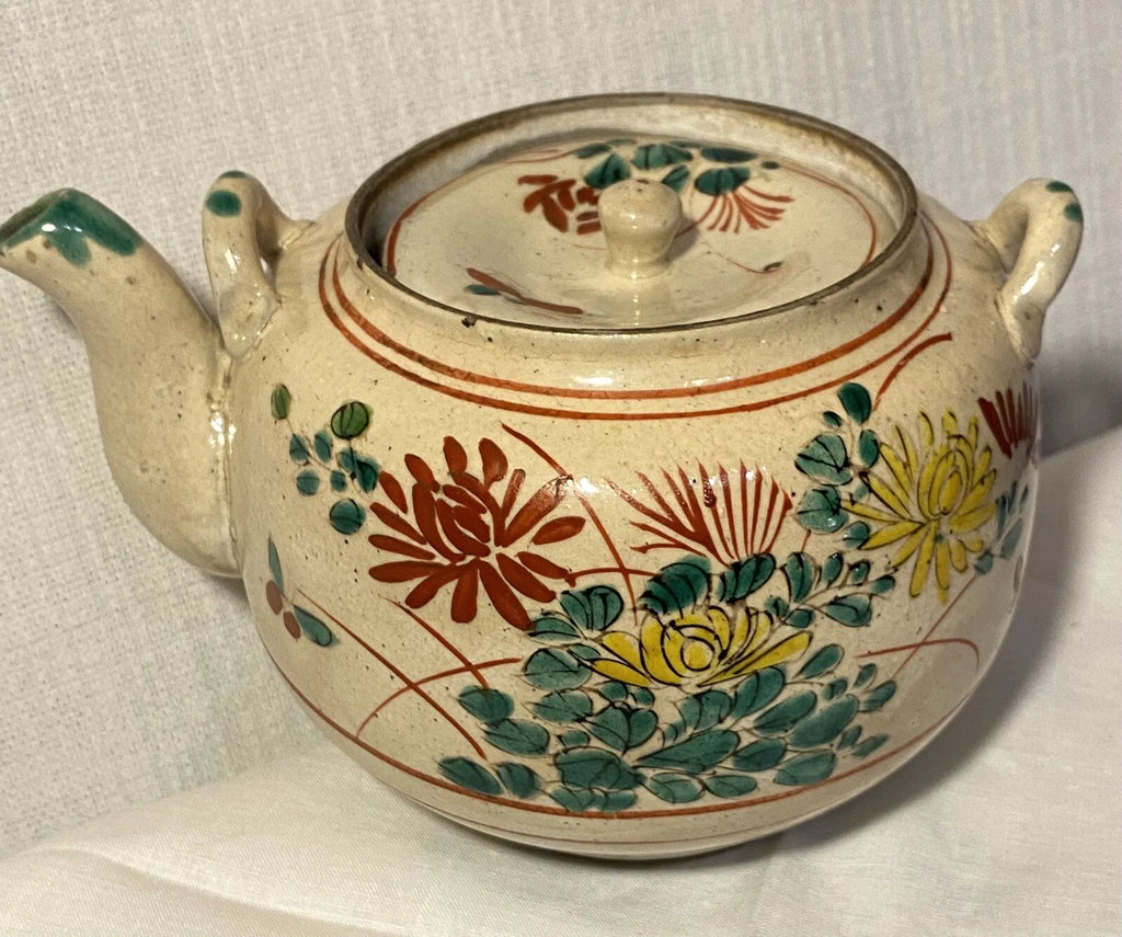 Antique Japanese Yellow Ware Ceramic Famille Rose Raised Enamel Teapot Signed