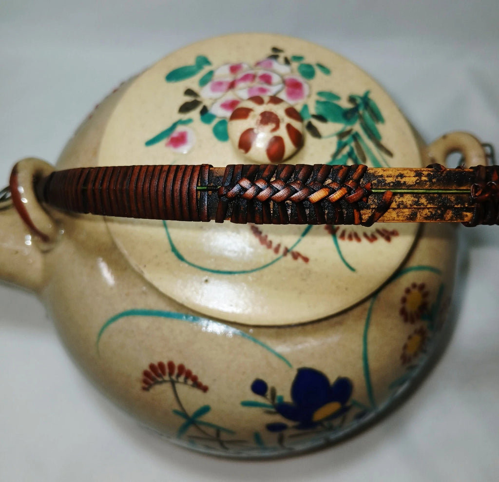 Antique Japanese Yellow Ware Ceramic Famille Rose Raised Enamel Teapot