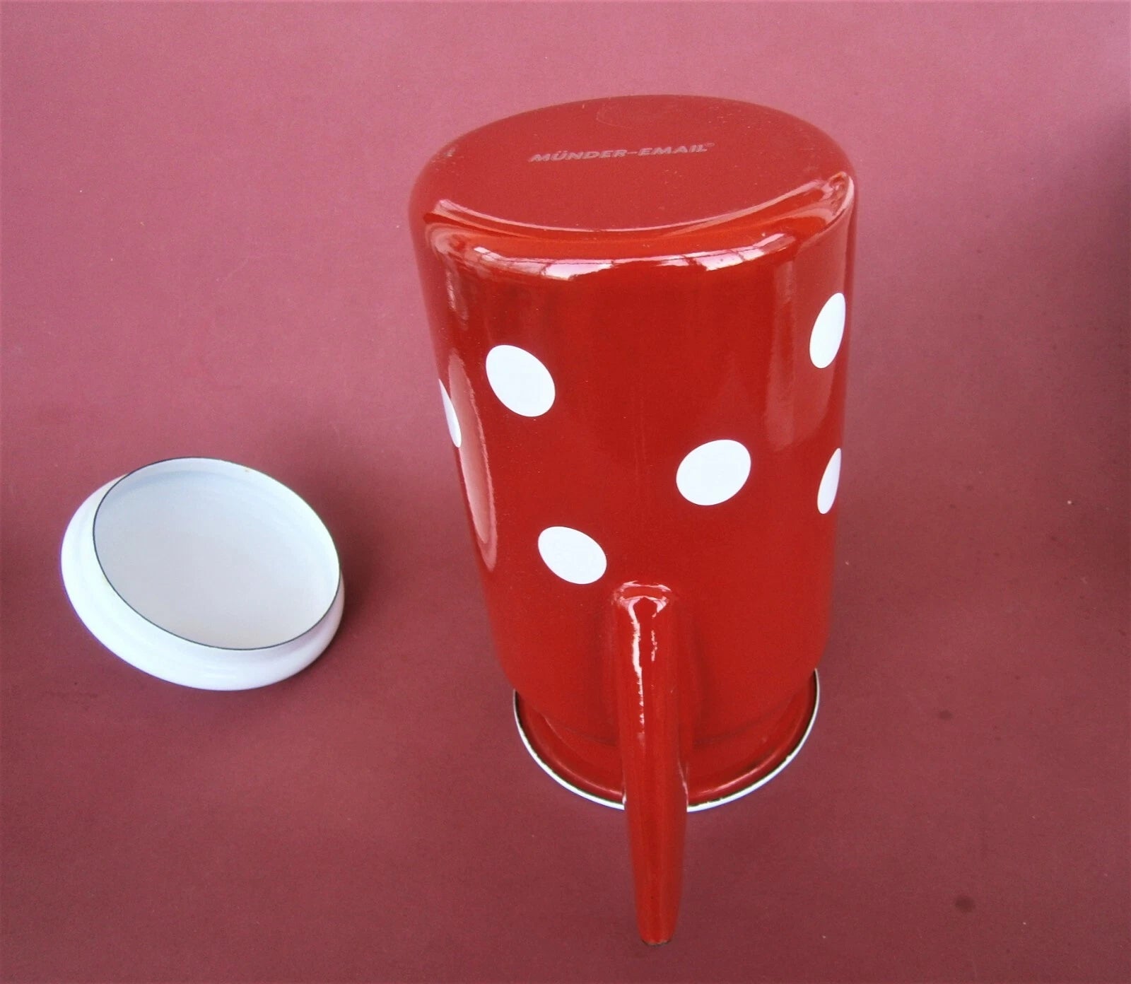 Vintage Munder Email Enamel Tea Pot Red Water Jug with Lid Polka Dots Germany