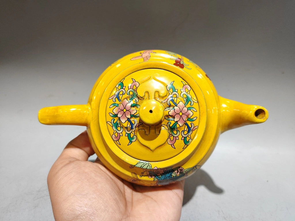 Yixing Purple Teapot Ornament Exquisite Figurine Enamel Painted Floral Motif