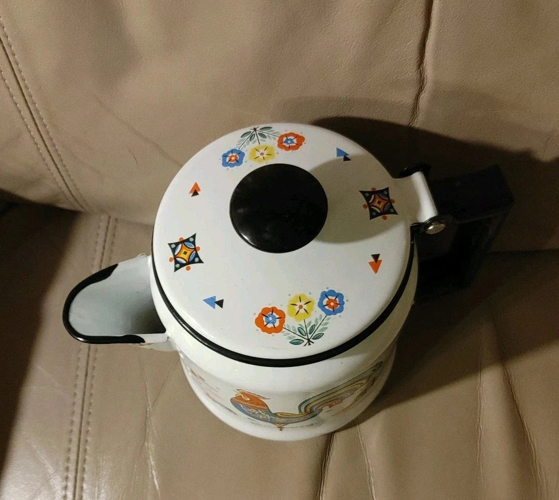 Vintage BERGGREN Enamel Coffee Pot Kettle Swedish Rooster Flower EXQUISITE Shape