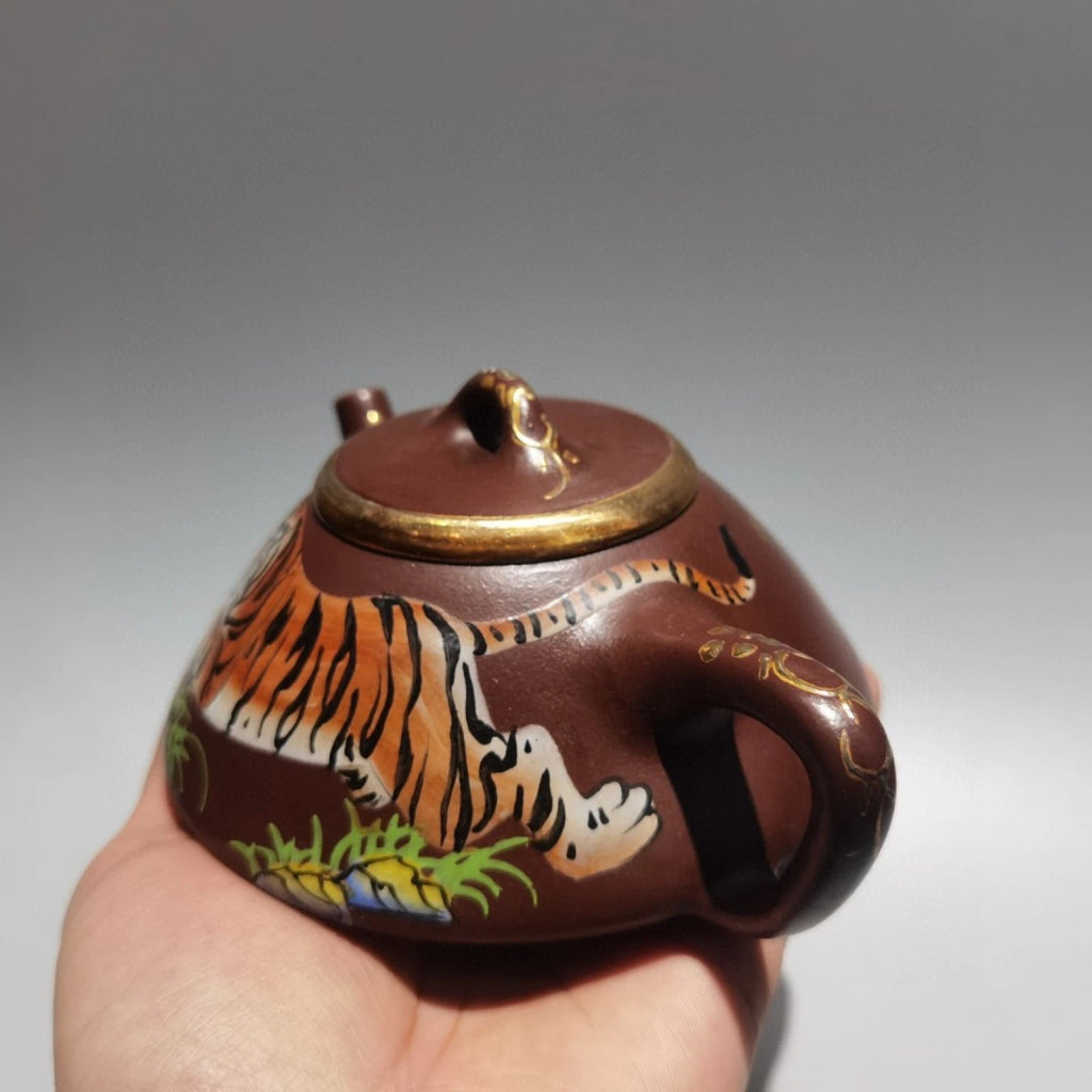 Yixing Purple Clay Teapot Hand-Coiled Ceremony Drainer Enameled Gilded Sculpted