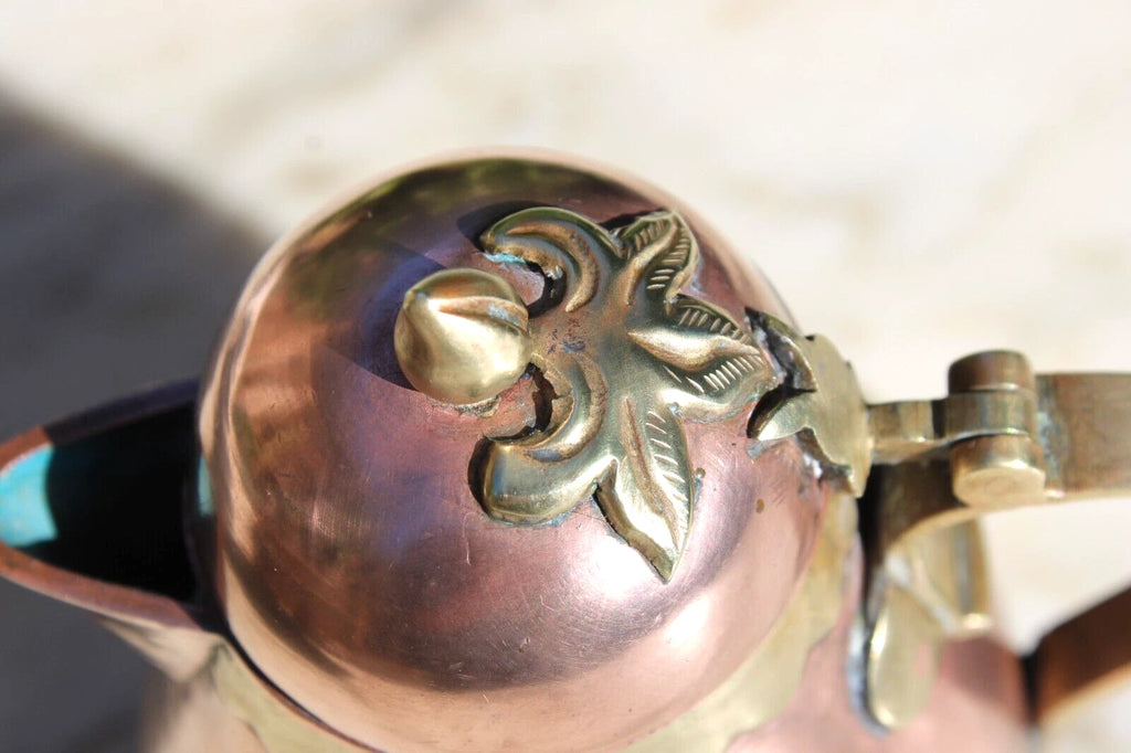 Antique Tea Pot Blue Enamel Chinese Solid Copper w/Brass Handle 6.25" Vintage