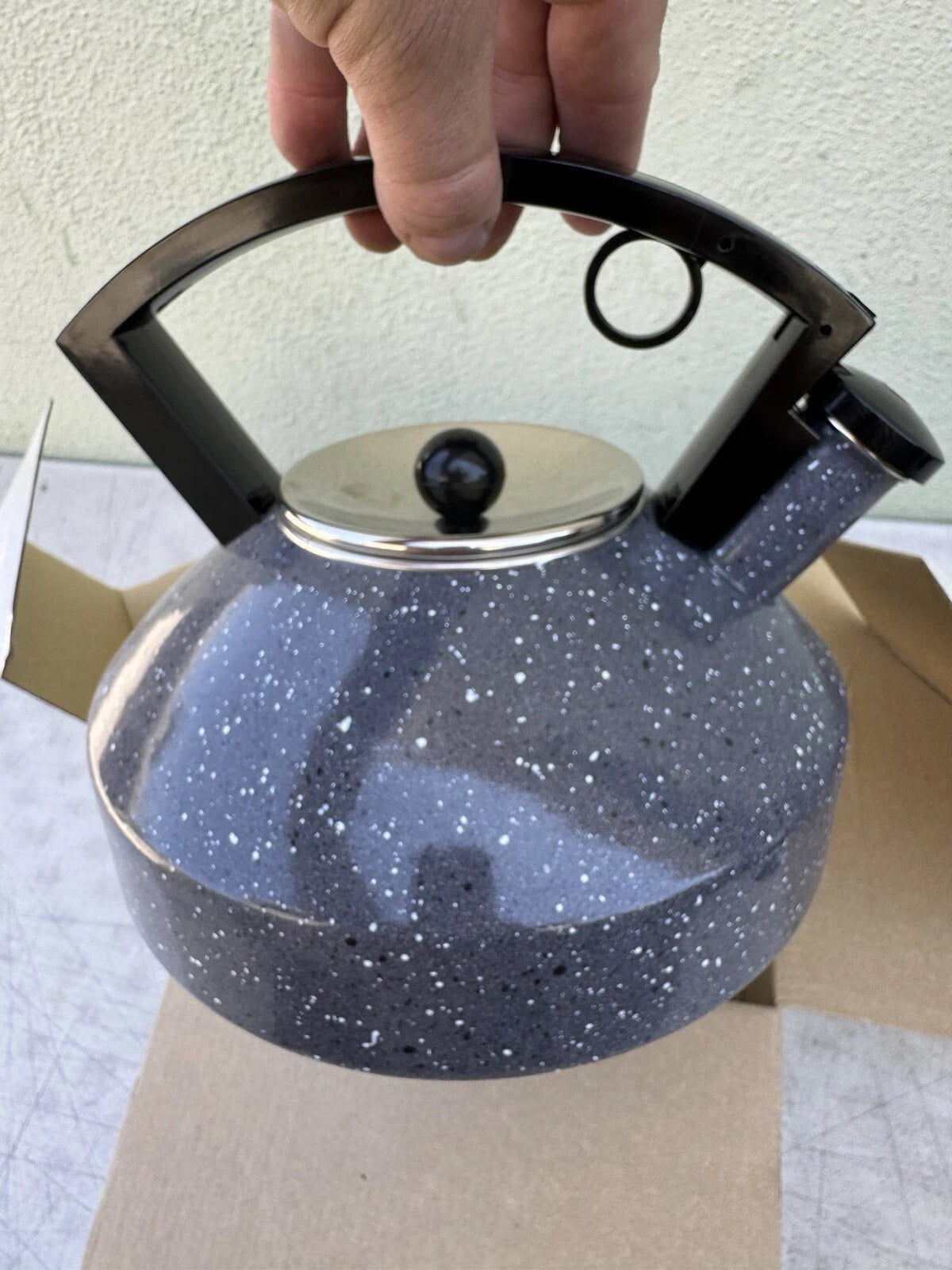 Vintage Copco Jazz Whistling Enamel Tea Kettle Pot 2.5qt Art Deco Dark Granite