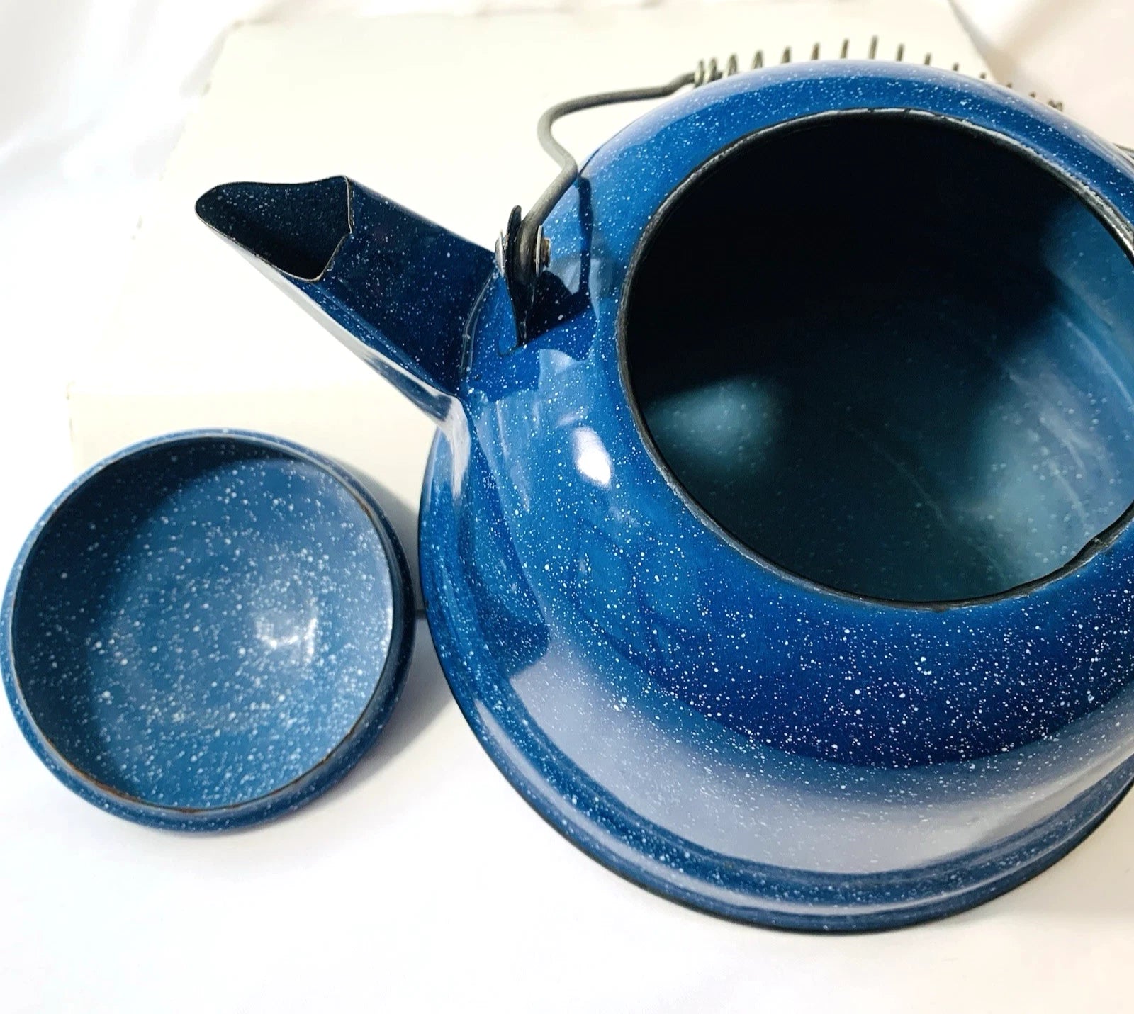 Vintage Cobalt Blue & White Speckled Enamelware Tea Pot Camping Kettle