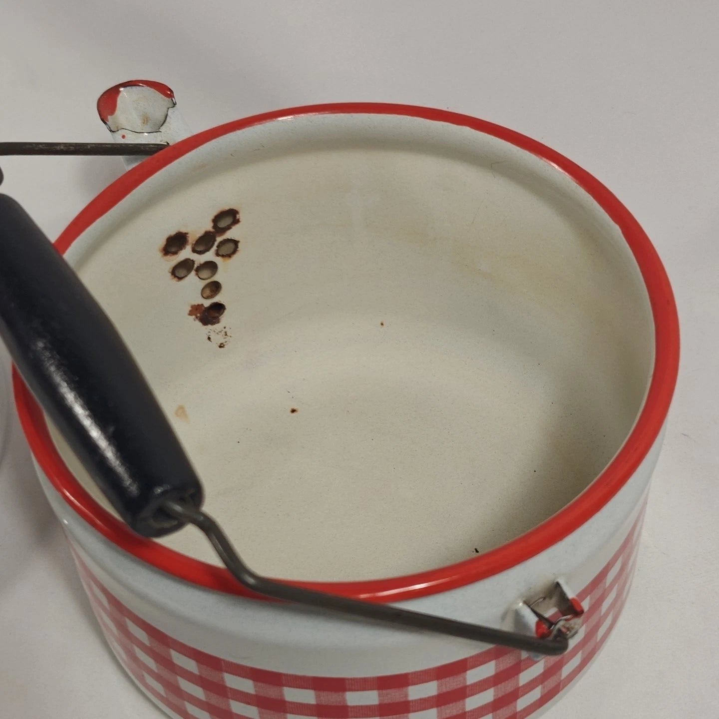 Enamelware Red White Gingham Check Teapot Kettle Metal Rustic Farmhouse Decor