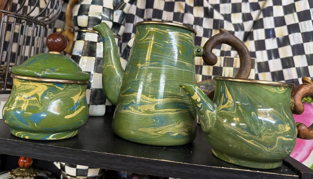 MacKenzie Childs Stacked Camp Green Swirl Enamel Teapot Cream & Sugar High tea