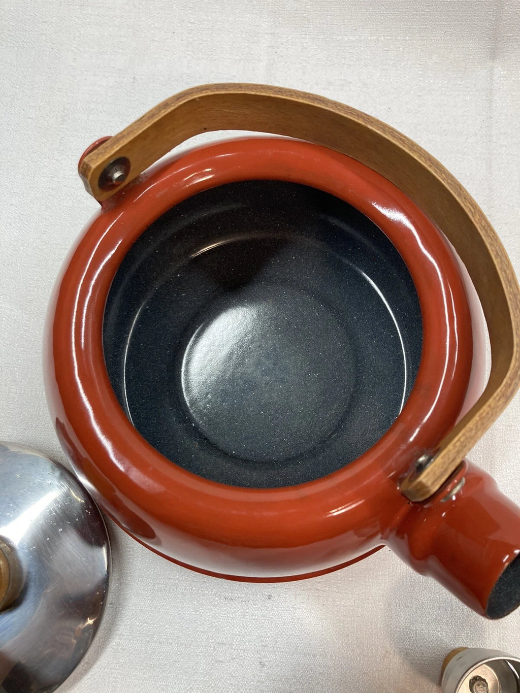 Vintage Teapot Kettle Brown MCM Retro Wooden Handle Japan Coffee Enamel