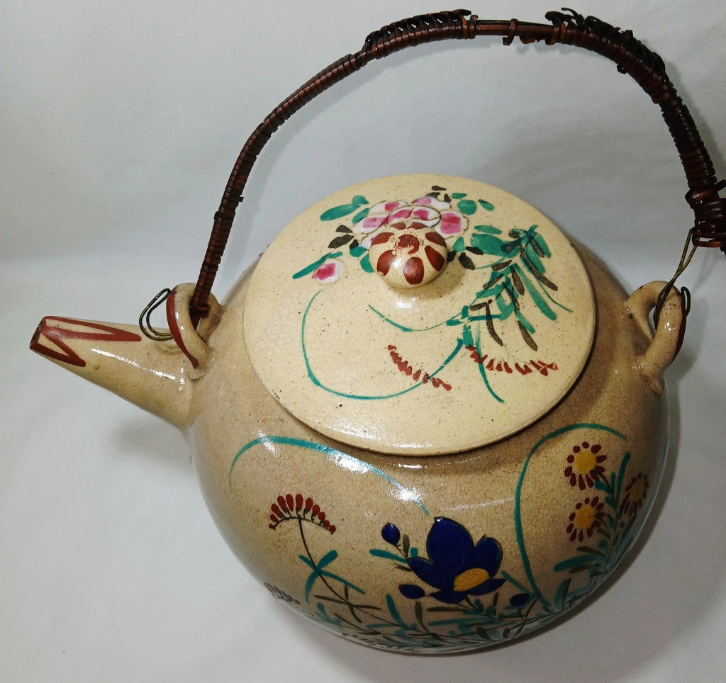 Antique Japanese Yellow Ware Ceramic Famille Rose Raised Enamel Teapot