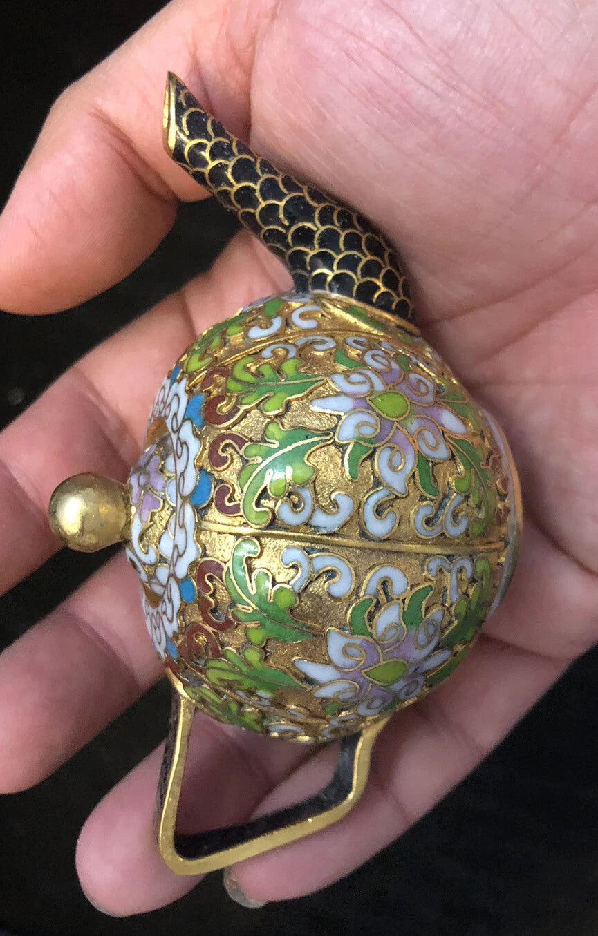 Vintage Cloisonne Enamel and Bronze Small "Pumpkin" Teapot, Black Tip, Pink Top