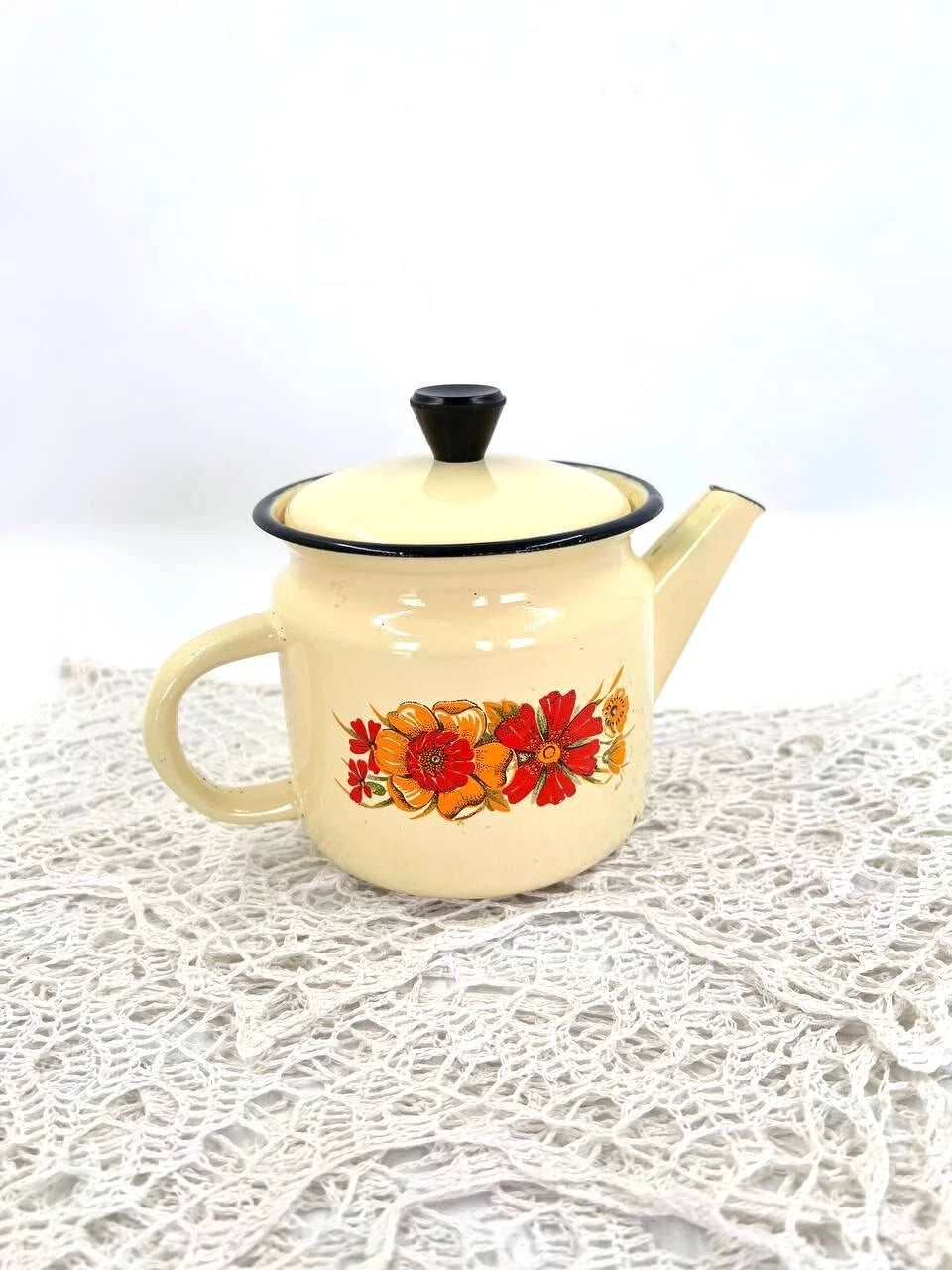 Vintage yellow enameled kettle pitcher 0.5 l Kitchen enamel coffee pot Metal tea