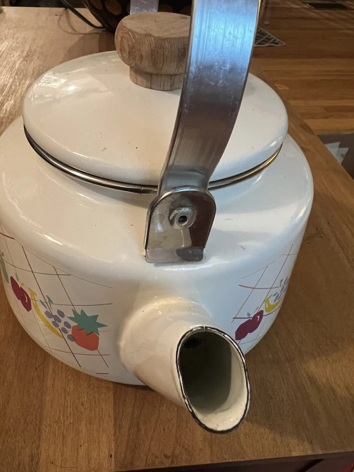 Vintage Lincoware White Enamel Metal Fruit Motif Teapot Tea Kettle Pot Retro