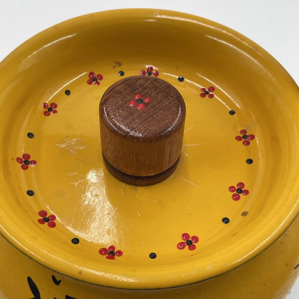Vtg Hand Painted MCM Yellow Enamel Tea Kettle with Teak Wood Handle and Knob