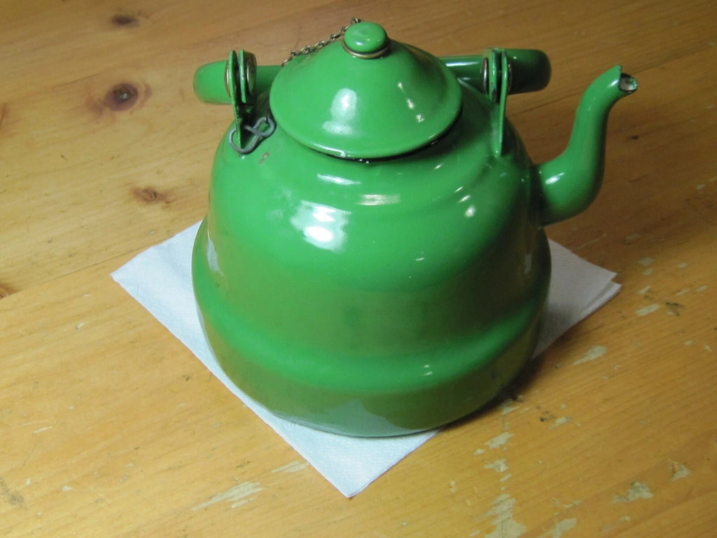 VTG GREEN ENAMEL WARE GRANITE TEAPOT METAL RUSTIC DECOR FARMHOUSE YUGOSLAVIA 14