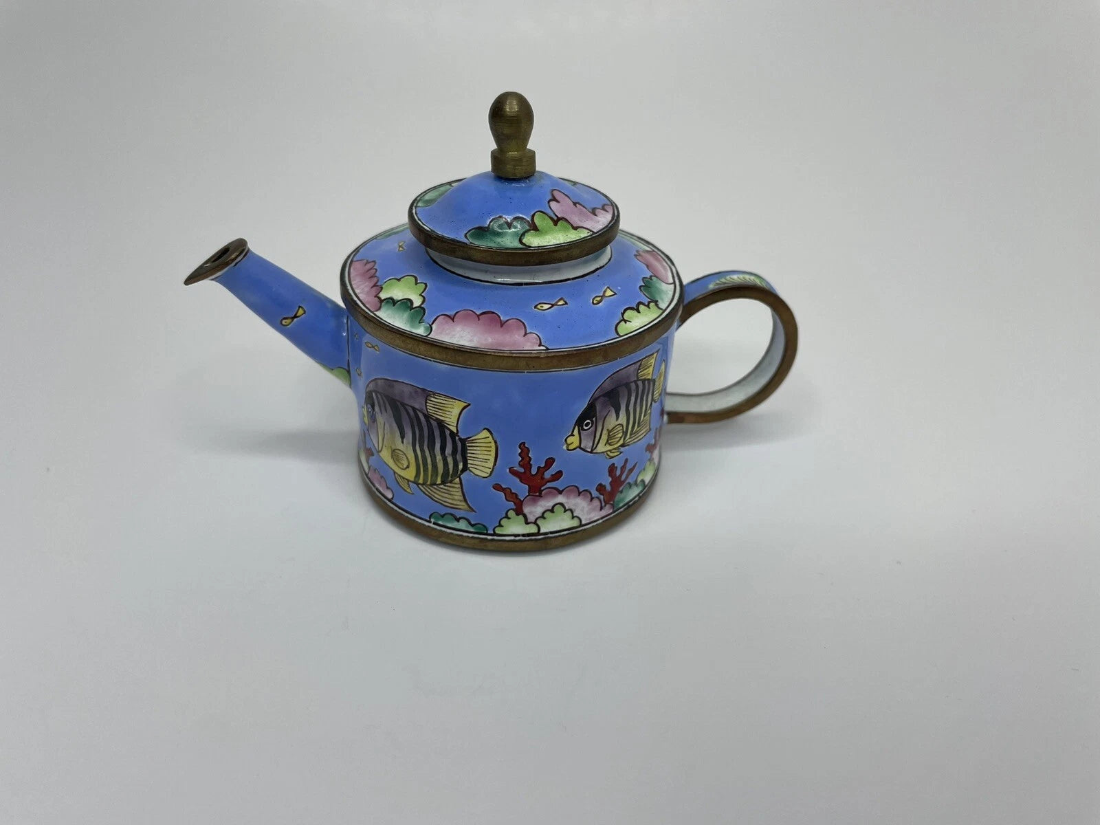 Vintage Blue Tropical Fish Pattern Enamel on Copper Miniature Teapot