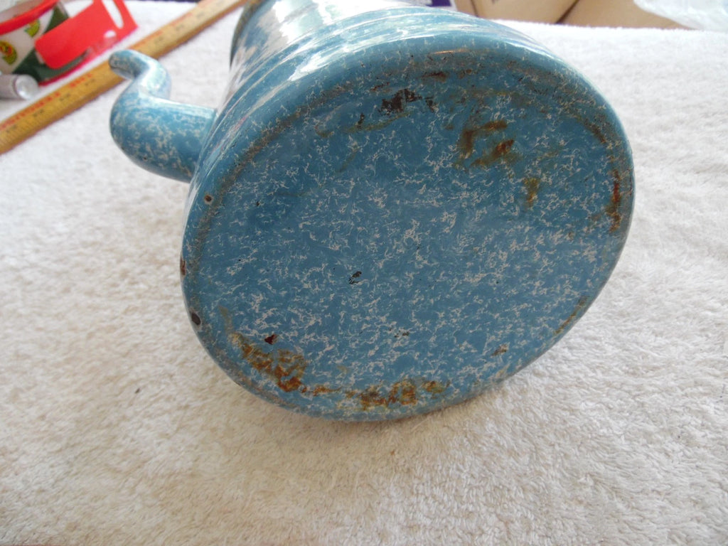 Vtg Blue & White Speckled Graniteware Enamelware 10" Tea Pot Coffee Gooseneck