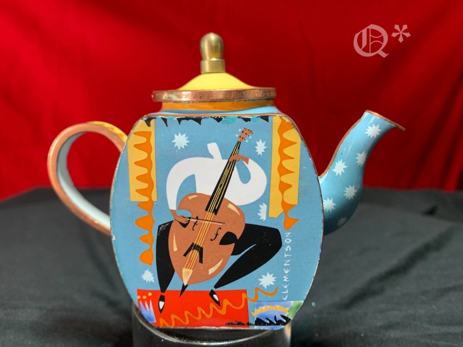 John Clementson Miniature Cello Funk Brass and Enamel Teapot