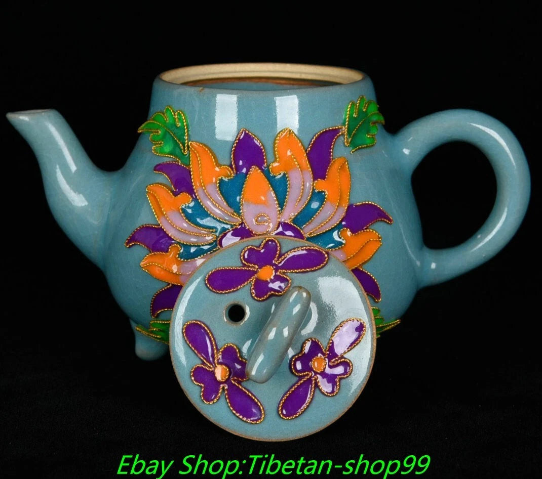 5.7''Old Song Dynasty Ru Kiln Enamel Colour Porcelain 3 leg Wine Tea Pot Flagon