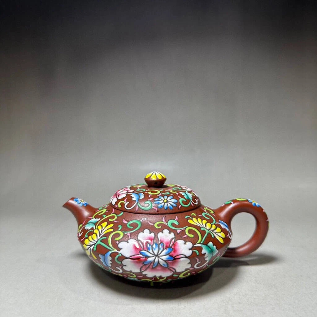 Chinese Yixing Zisha Clay Handmade Enamel Colour Flowers&Plants Teapots 15733