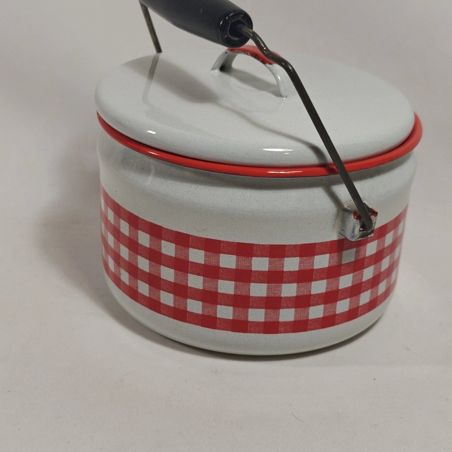 Enamelware Red White Gingham Check Teapot Kettle Metal Rustic Farmhouse Decor