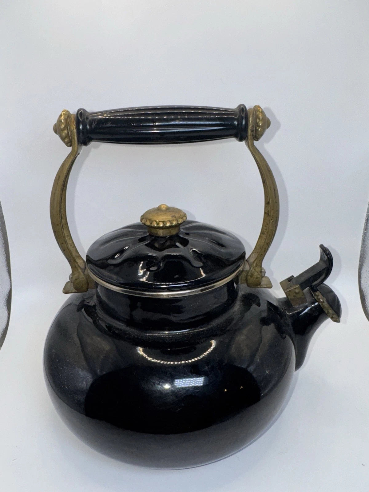 Vintage Black Enamel Tea Kettle with Brass Handle & Lid Farmhouse Kitchen Decor