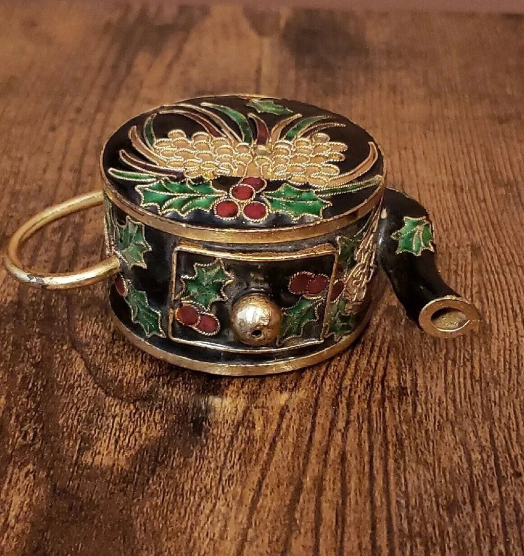 Miniature Decorative Enamel Teapot Black Gold Red Green Cloisonne Holly Berry