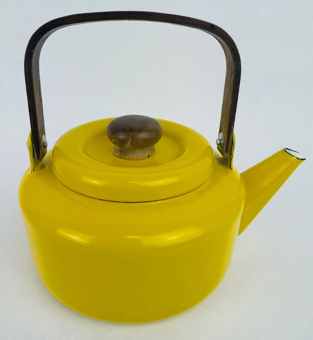 Vintage Yellow Enamel Teapot Tea Kettle MCM Teak Wood Handle