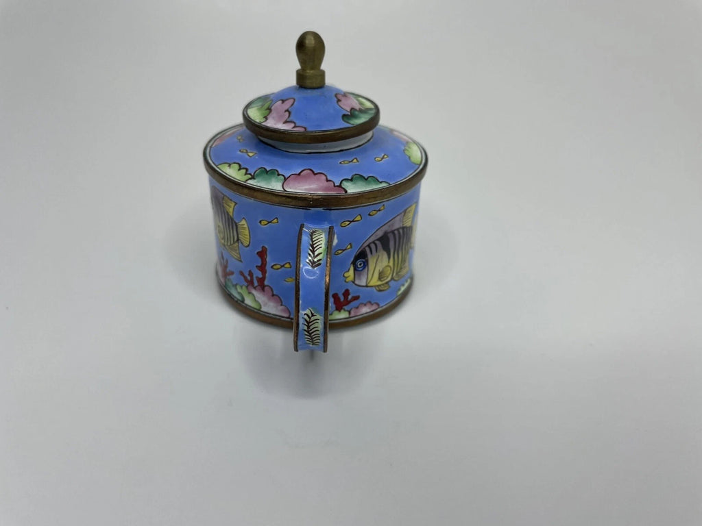 Vintage Blue Tropical Fish Pattern Enamel on Copper Miniature Teapot