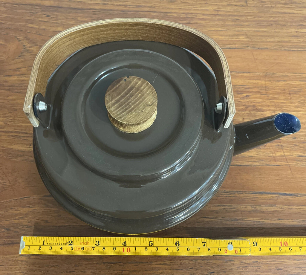 Mid Century Brown Enamel Tea Pot with Blue Enamel Interior