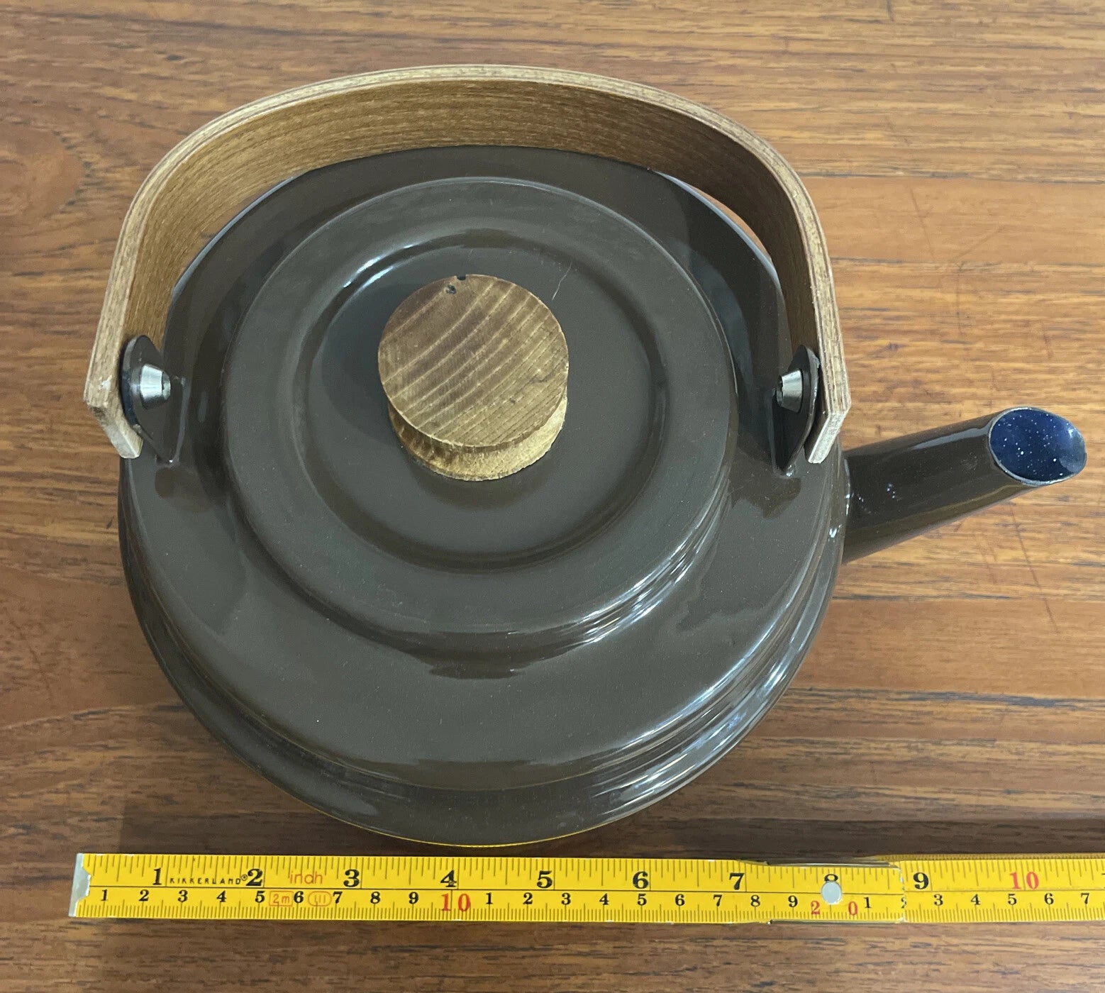 Mid Century Brown Enamel Tea Pot with Blue Enamel Interior