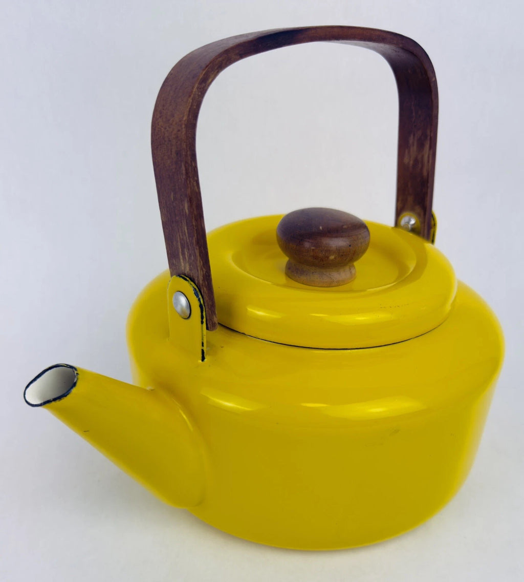 Vintage Yellow Enamel Teapot Tea Kettle MCM Teak Wood Handle