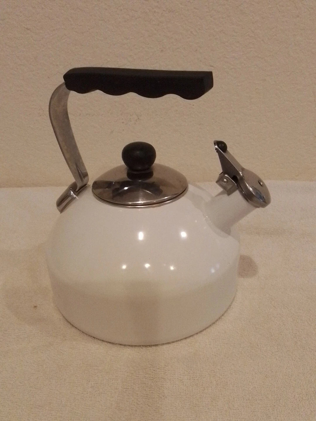 Vintage Whistling White Tea Kettle Tea Pot Enamel On Steel