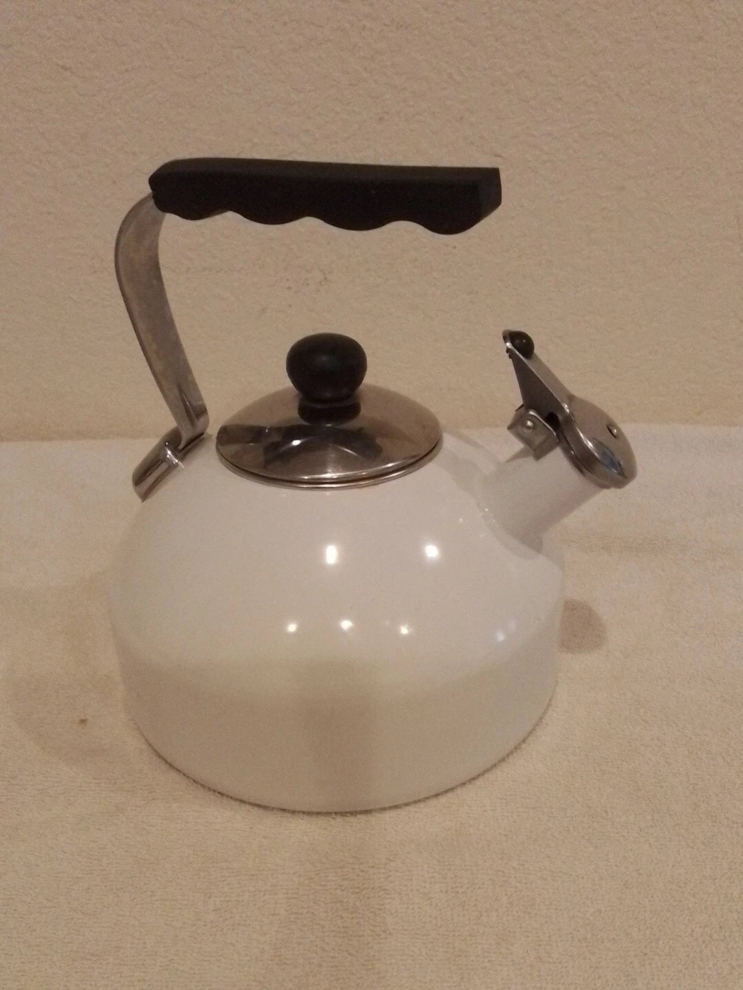 Vintage Whistling White Tea Kettle Tea Pot Enamel On Steel