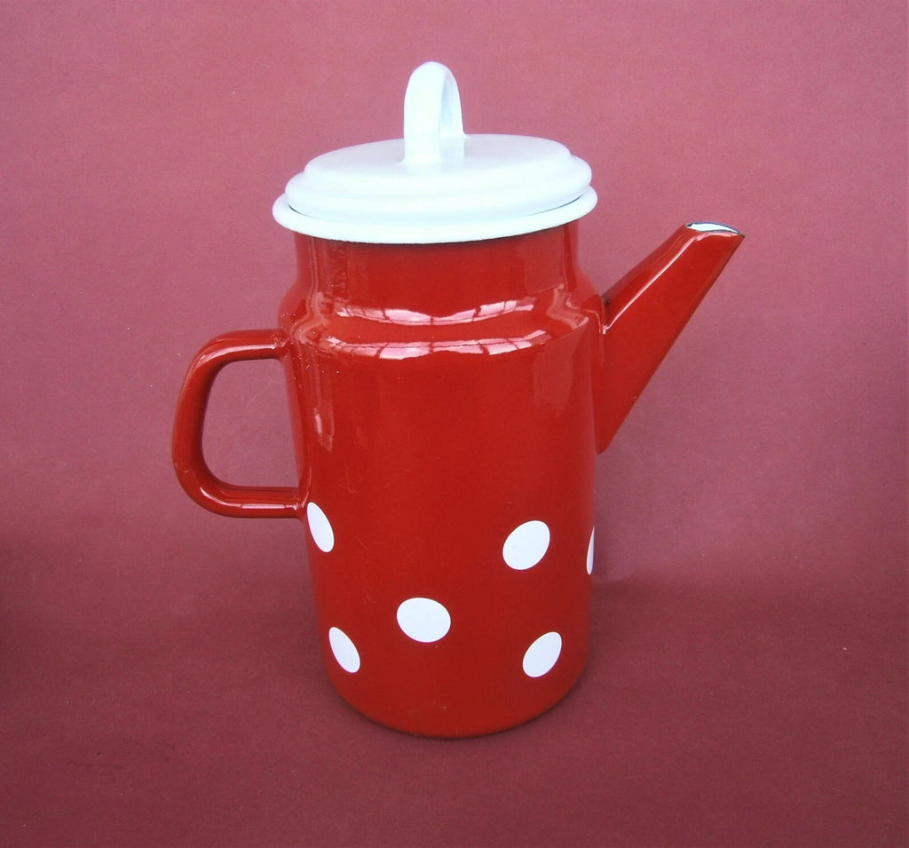 Vintage Munder Email Enamel Tea Pot Red Water Jug with Lid Polka Dots Germany